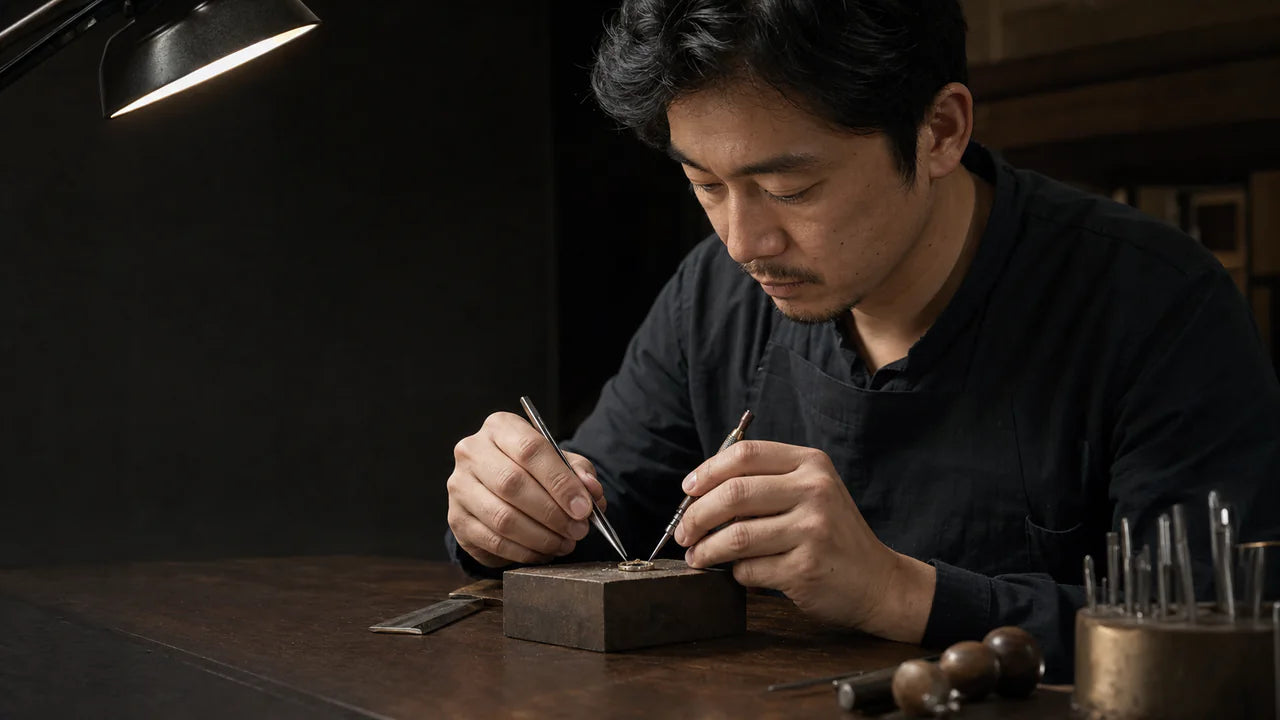 East Asian craftsman concentrating on precise work at a quiet jewellery bench