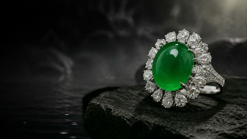 Jadeite and diamond ring above dark water, illuminated by a quiet shaft of light