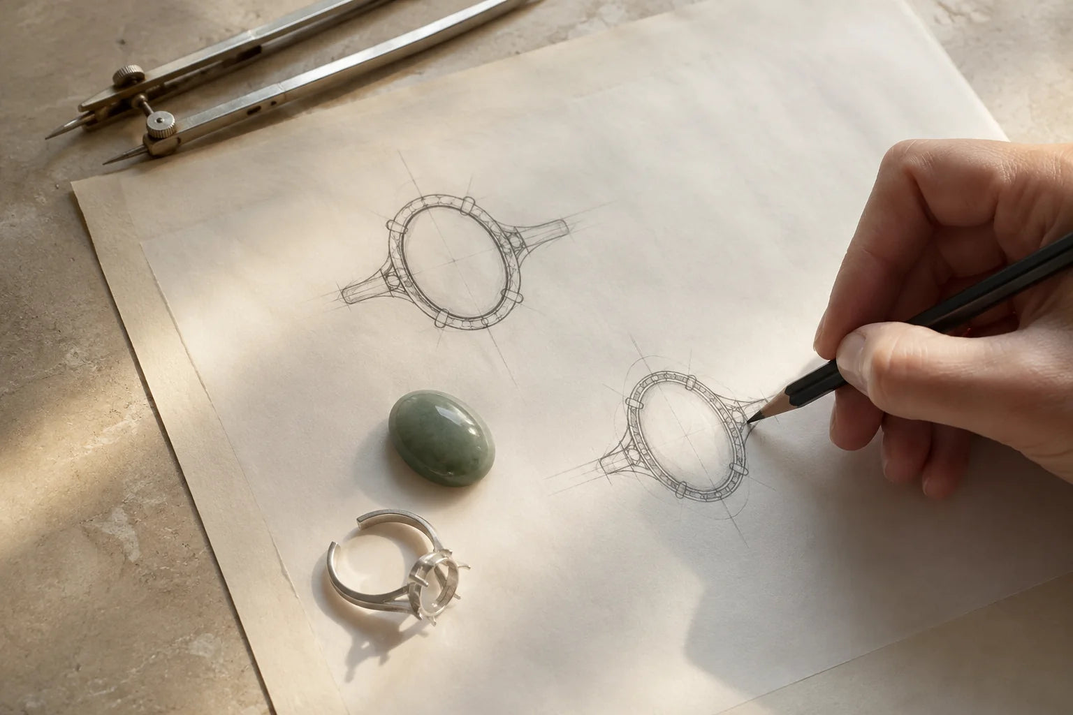 A hand sketches ring settings beside a loose green cabochon and an unfinished mounting.