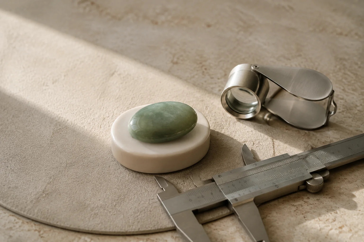 A green cabochon beside a jeweller’s loupe and caliper in soft daylight.